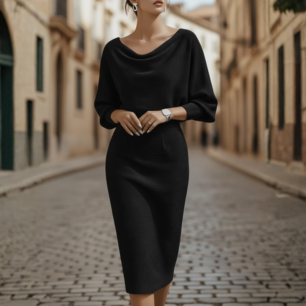 Vestido Midi Elegante de Cuello Cowl para Mujer con Mangas Largas Formal Trabajo Oficina Cóctel Invitada de Boda – Gris Negro Beige Azul