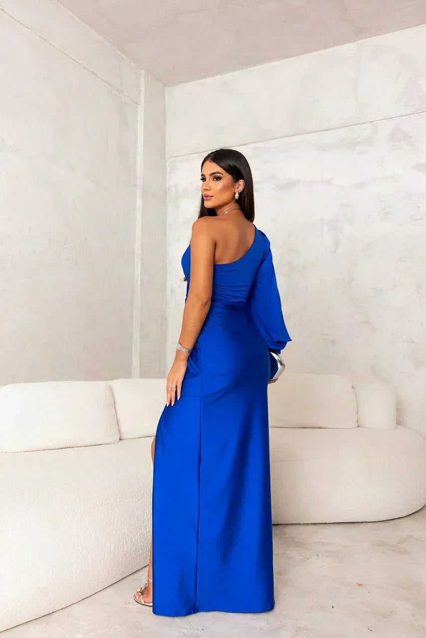 Vestido Largo de Una Sola Manga para Mujer con Manga Fluida y Abertura Lateral – Invitada de Boda Elegante – Helen