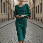 Vestido Midi Elegante de Cuello Cowl para Mujer con Mangas Largas Formal Trabajo Oficina Cóctel Invitada de Boda – Gris Negro Beige Azul