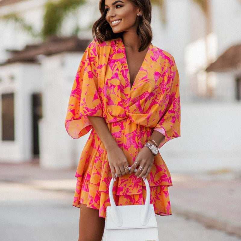 Vestido Mini de Ropa Bohemia Floral con Volantes para Mujer, Manga Murciélago, Cuello en V, Casual, Fiesta, Verano – Naranja Rosa