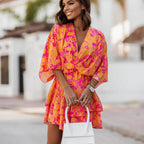 Vestido Mini de Ropa Bohemia Floral con Volantes para Mujer, Manga Murciélago, Cuello en V, Casual, Fiesta, Verano – Naranja Rosa
