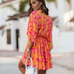 Vestido Mini de Ropa Bohemia Floral con Volantes para Mujer, Manga Murciélago, Cuello en V, Casual, Fiesta, Verano – Naranja Rosa