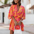 Vestido Mini de Ropa Bohemia Floral con Volantes para Mujer, Manga Murciélago, Cuello en V, Casual, Fiesta, Verano – Naranja Rosa