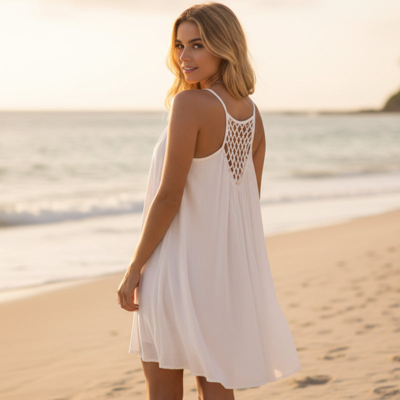 Vestido Mini Sin Mangas Boho para Playa, Cubierta de Playa, con Tirantes Finos, Transparente, de Crochet en la Espalda, Casual para Verano