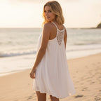 Vestido Mini Sin Mangas Boho para Playa, Cubierta de Playa, con Tirantes Finos, Transparente, de Crochet en la Espalda, Casual para Verano