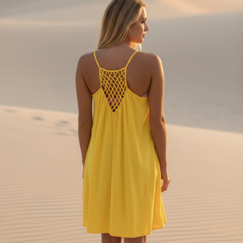 Vestido Mini Sin Mangas Boho para Playa, Cubierta de Playa, con Tirantes Finos, Transparente, de Crochet en la Espalda, Casual para Verano