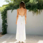 Vestido Largo de Encaje Boho para Mujer con Tirantes Espagueti A-Line Flowy Casual de Verano – Blanco