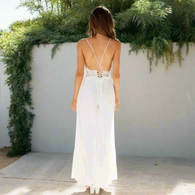 Vestido Largo de Encaje Boho para Mujer con Tirantes Espagueti A-Line Flowy Casual de Verano – Blanco