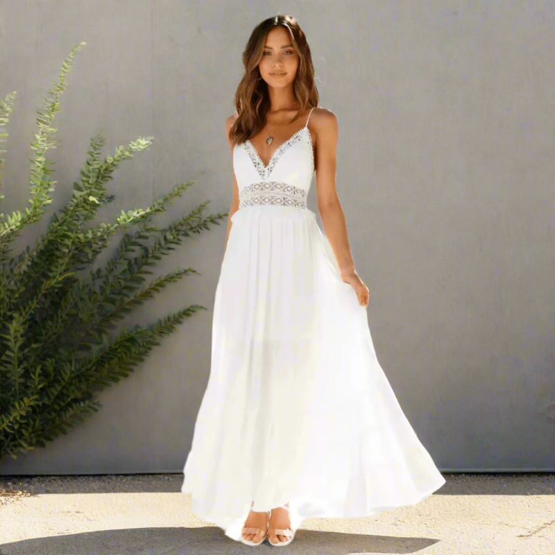 Vestido Largo de Encaje Boho para Mujer con Tirantes Espagueti A-Line Flowy Casual de Verano – Blanco