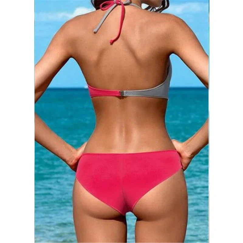 Conjunto de Bikini Push Up de Dos Tonos para Mujeres Sin Alambres, con Cierre Ajustable en el Cuello y Cintura Baja, Tallas Grandes, Ropa de Playa de Verano – Multicolor