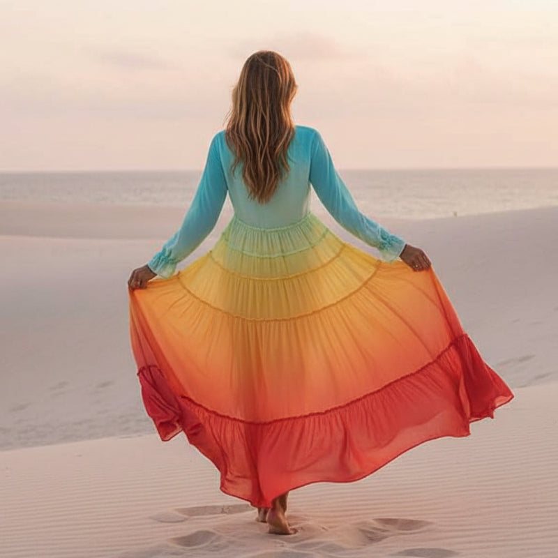 Vestido Largo Bohemio de Arcoíris para Mujer con Capas en Volantes, Escote en V, Manga Larga, Casual, Vestido de Verano para Festivales – Multicolor