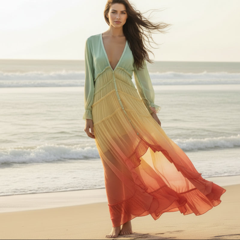 Vestido Largo Bohemio de Arcoíris para Mujer con Capas en Volantes, Escote en V, Manga Larga, Casual, Vestido de Verano para Festivales – Multicolor