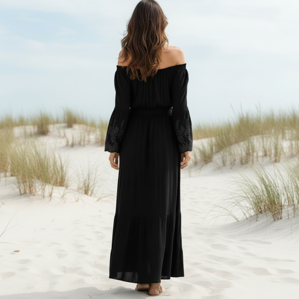 Vestido Largo de Encaje Boho para Mujer, Sin Hombros, de Manga Larga, Flare, Playa, Verano – Blanco Negro