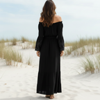 Vestido Largo de Encaje Boho para Mujer, Sin Hombros, de Manga Larga, Flare, Playa, Verano – Blanco Negro