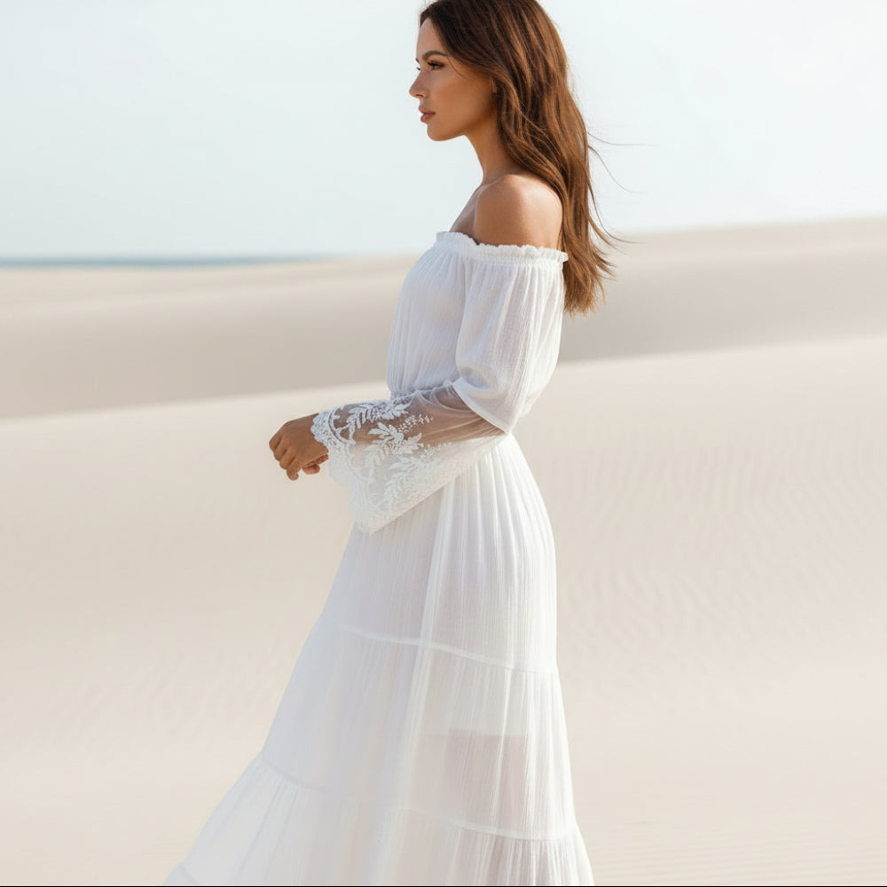 Vestido Largo de Encaje Boho para Mujer, Sin Hombros, de Manga Larga, Flare, Playa, Verano – Blanco Negro
