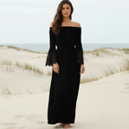 Vestido Largo de Encaje Boho para Mujer, Sin Hombros, de Manga Larga, Flare, Playa, Verano – Blanco Negro