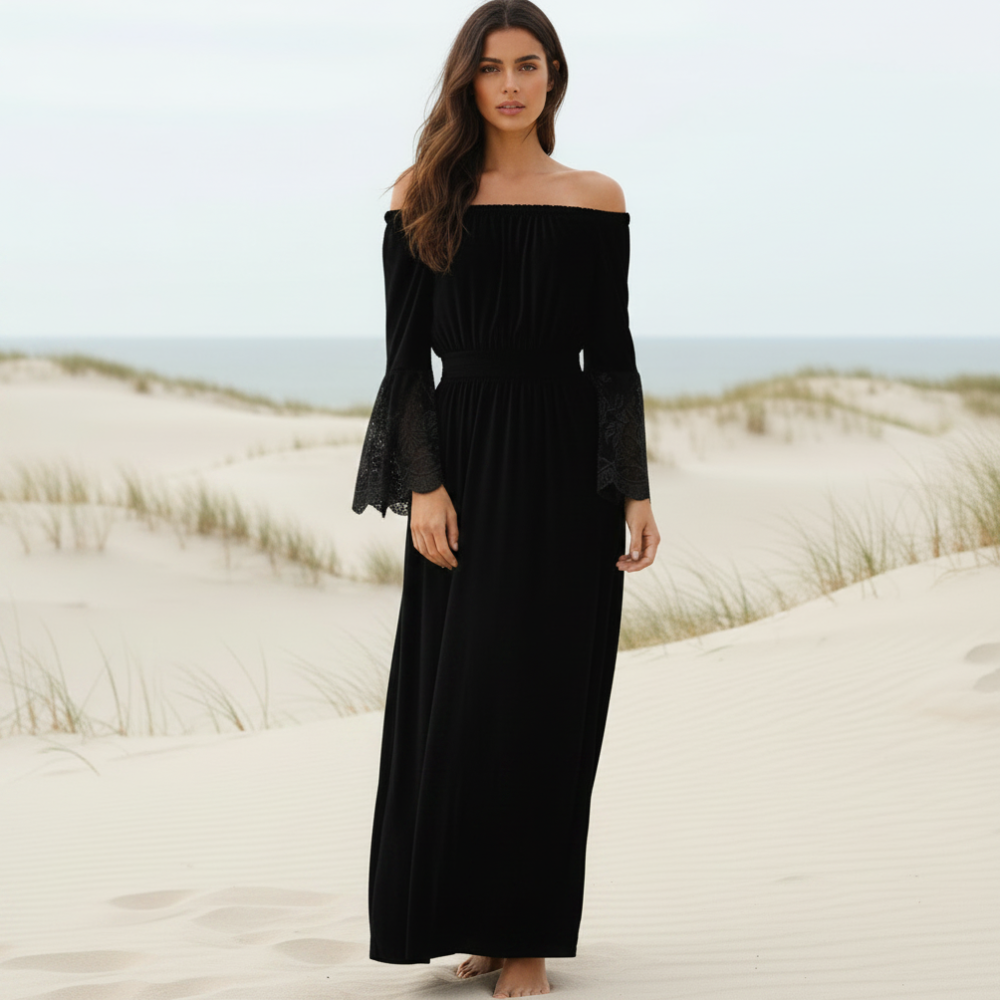 Vestido Largo de Encaje Boho para Mujer, Sin Hombros, de Manga Larga, Flare, Playa, Verano – Blanco Negro