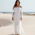 Vestido Largo de Encaje Boho para Mujer, Sin Hombros, de Manga Larga, Flare, Playa, Verano – Blanco Negro