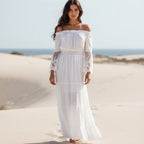 Vestido Largo de Encaje Boho para Mujer, Sin Hombros, de Manga Larga, Flare, Playa, Verano – Blanco Negro