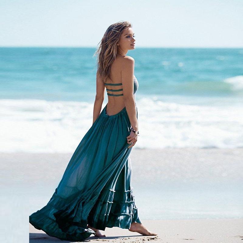 Vestido Largo Halter Sin Espalda Boho Hippie para Mujeres, de Algodón y Rayón, Falda Cascada, Invitada de Boda, Fiesta de Verano – Multicolor