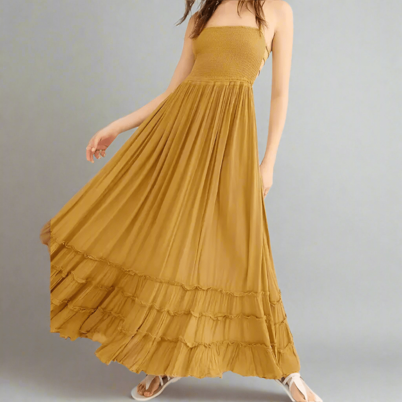 Vestido Largo Halter Sin Espalda Boho Hippie para Mujeres, de Algodón y Rayón, Falda Cascada, Invitada de Boda, Fiesta de Verano – Multicolor