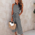 Mono sin mangas de rayas bohemio para mujer, con cintura ajustable y pierna ancha, atuendo casual de verano – Multicolor