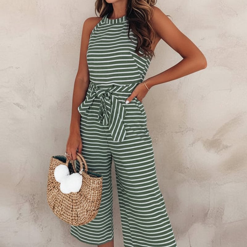 Mono sin mangas de rayas bohemio para mujer, con cintura ajustable y pierna ancha, atuendo casual de verano – Multicolor