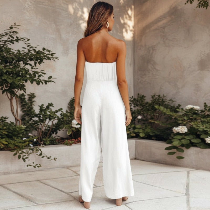 Mono Bohemio Sin Mangas y Espalda Descubierta con Pierna Ancha para Mujeres – Invitada de Boda de Verano Casual en la Playa, Fiesta en el Jardín Boho – Blanco Verde Beige