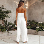 Mono Bohemio Sin Mangas y Espalda Descubierta con Pierna Ancha para Mujeres – Invitada de Boda de Verano Casual en la Playa, Fiesta en el Jardín Boho – Blanco Verde Beige