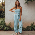 Mono Bohemio Sin Mangas y Espalda Descubierta con Pierna Ancha para Mujeres – Invitada de Boda de Verano Casual en la Playa, Fiesta en el Jardín Boho – Blanco Verde Beige
