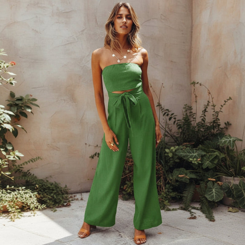 Mono Bohemio Sin Mangas y Espalda Descubierta con Pierna Ancha para Mujeres – Invitada de Boda de Verano Casual en la Playa, Fiesta en el Jardín Boho – Blanco Verde Beige