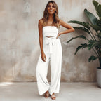 Mono Bohemio Sin Mangas y Espalda Descubierta con Pierna Ancha para Mujeres – Invitada de Boda de Verano Casual en la Playa, Fiesta en el Jardín Boho – Blanco Verde Beige