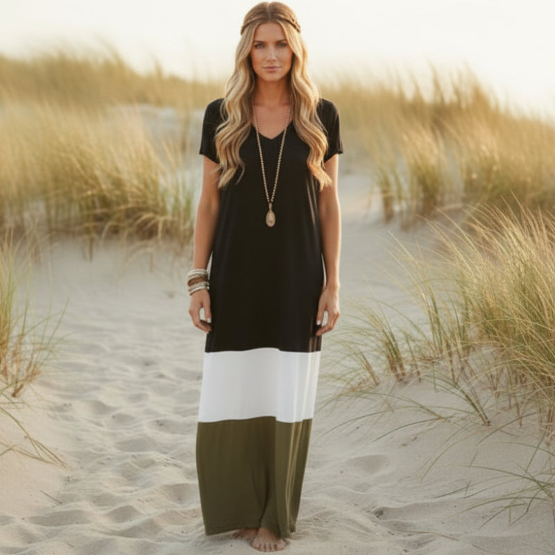 Vestido Largo Suelto de Color Block Boho para Mujer Casual de Playa Vacaciones de Verano Flowy Cómodo – Gris Blanco Oliva Rojo Amarillo Verde