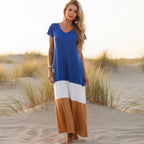 Vestido Largo Suelto de Color Block Boho para Mujer Casual de Playa Vacaciones de Verano Flowy Cómodo – Gris Blanco Oliva Rojo Amarillo Verde