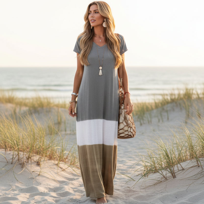 Vestido Largo Suelto de Color Block Boho para Mujer Casual de Playa Vacaciones de Verano Flowy Cómodo – Gris Blanco Oliva Rojo Amarillo Verde