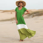 Vestido Largo Suelto de Color Block Boho para Mujer Casual de Playa Vacaciones de Verano Flowy Cómodo – Gris Blanco Oliva Rojo Amarillo Verde