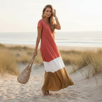 Vestido Largo Suelto de Color Block Boho para Mujer Casual de Playa Vacaciones de Verano Flowy Cómodo – Gris Blanco Oliva Rojo Amarillo Verde