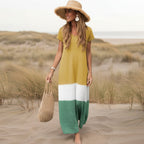 Vestido Largo Suelto de Color Block Boho para Mujer Casual de Playa Vacaciones de Verano Flowy Cómodo – Gris Blanco Oliva Rojo Amarillo Verde