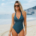 Bañador de Una Pieza con Halter y Frontal Torcido para Mujer, Escote en V Profundo, Ruchado, Corte Alto, Esculpido, Ropa de Playa de Verano