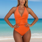 Bañador de Una Pieza con Halter y Frontal Torcido para Mujer, Escote en V Profundo, Ruchado, Corte Alto, Esculpido, Ropa de Playa de Verano