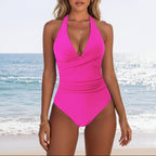 Bañador de Una Pieza con Halter y Frontal Torcido para Mujer, Escote en V Profundo, Ruchado, Corte Alto, Esculpido, Ropa de Playa de Verano