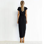 Vestido largo boho para mujer con escote cuadrado, mangas cortas, capa y abertura – Multicolor