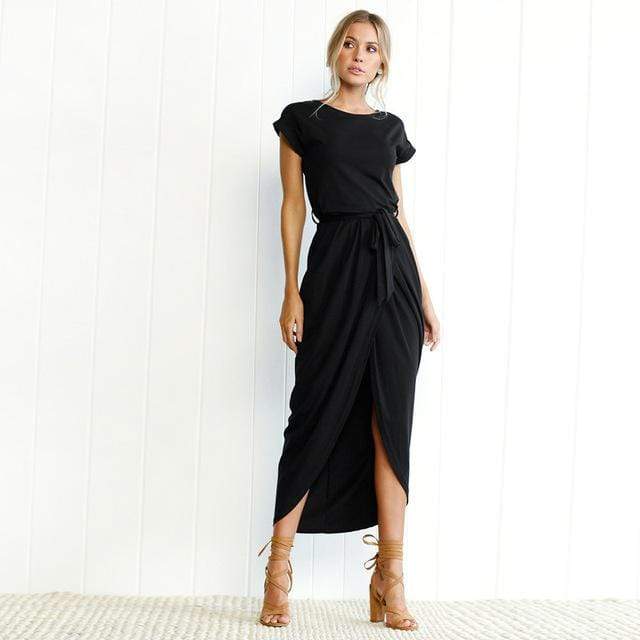 Vestido largo boho para mujer con escote cuadrado, mangas cortas, capa y abertura – Multicolor