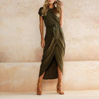 Vestido largo boho para mujer con escote cuadrado, mangas cortas, capa y abertura – Multicolor