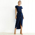 Vestido largo boho para mujer con escote cuadrado, mangas cortas, capa y abertura – Multicolor