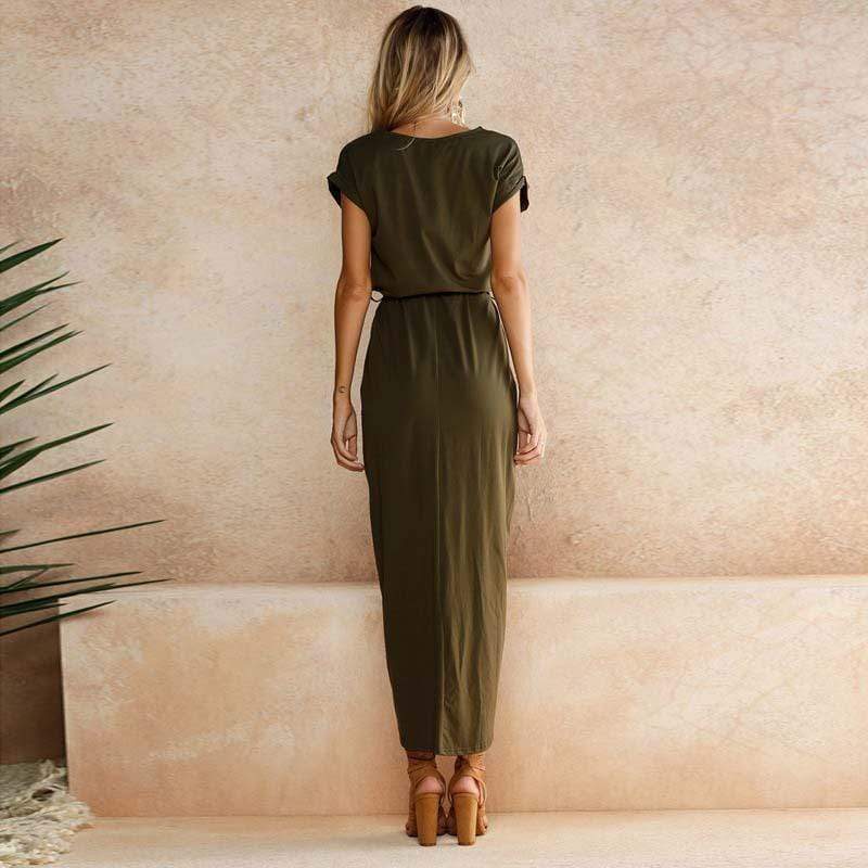 Vestido largo boho para mujer con escote cuadrado, mangas cortas, capa y abertura – Multicolor
