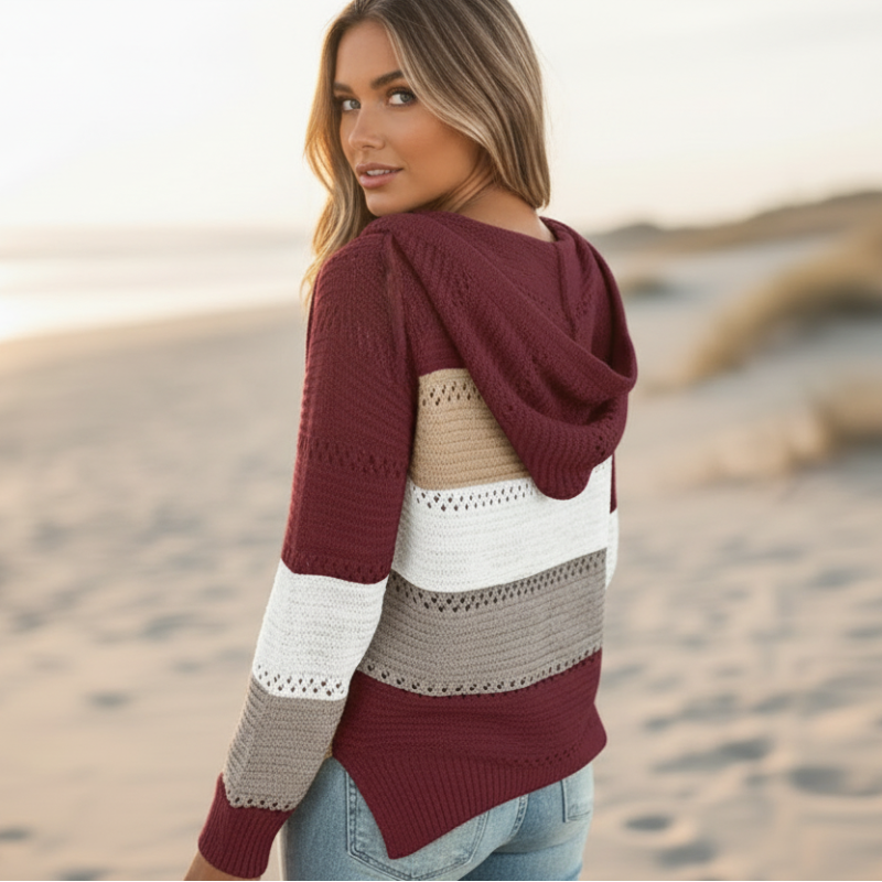 Suéter de punto de parcheo bohemio para mujer, casual y acogedor, de bloques de color, para el otoño y el invierno – Burdeos