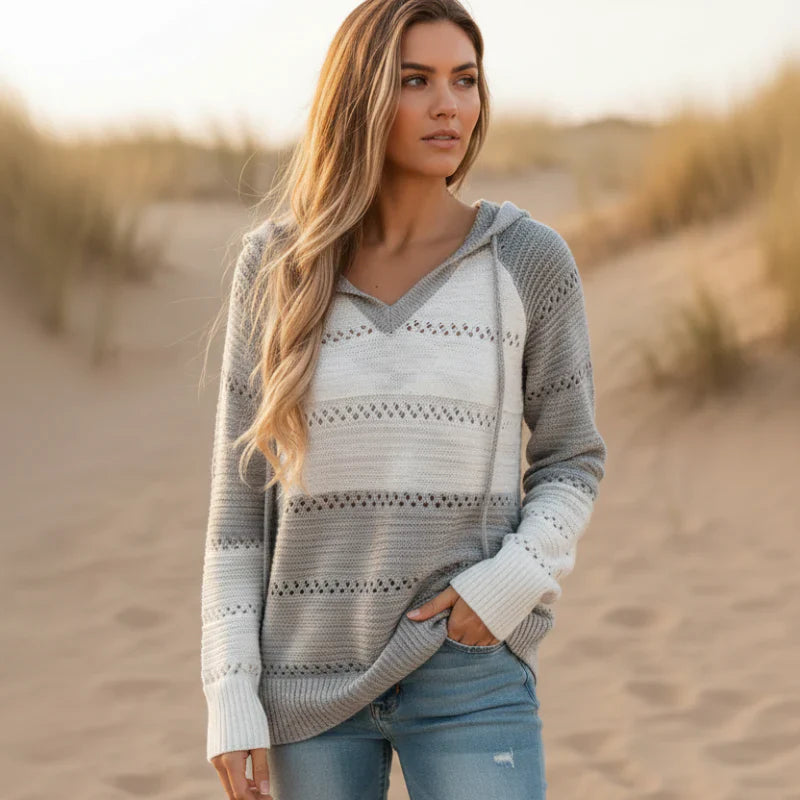 Suéter de punto de parcheo bohemio para mujer, casual y acogedor, de bloques de color, para el otoño y el invierno – Burdeos