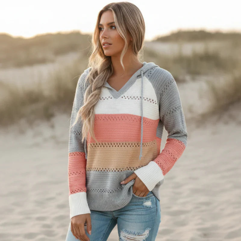 Suéter de punto de parcheo bohemio para mujer, casual y acogedor, de bloques de color, para el otoño y el invierno – Burdeos