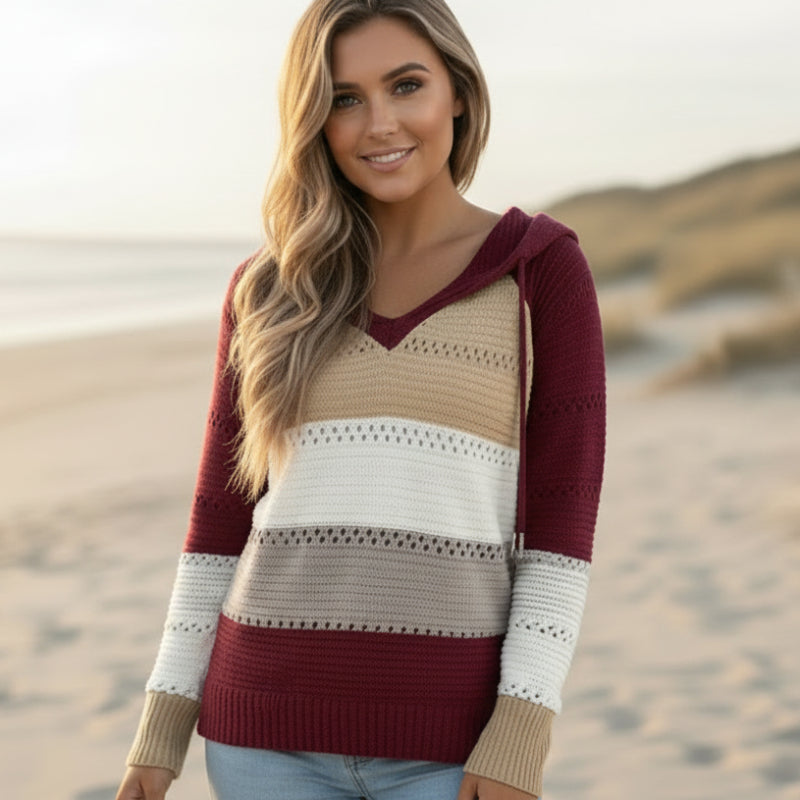 Suéter de punto de parcheo bohemio para mujer, casual y acogedor, de bloques de color, para el otoño y el invierno – Burdeos
